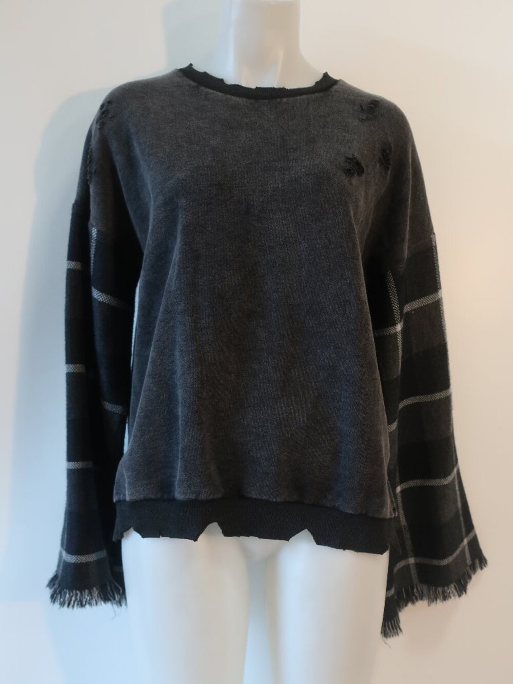 Fate by LFD Charcoal Black (Item-39) Mix Media Wool Blend Distress Sweatshirt S